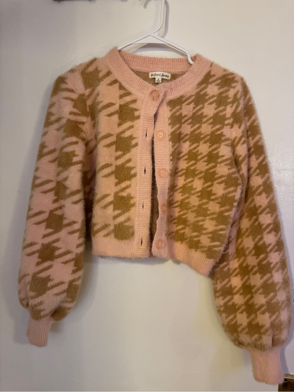 For Love & Lemons Pink and Tan Houndstooth Cropped Cardigan